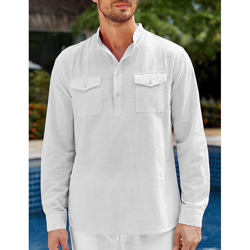 Men's Shirt Linen Shirt Casual Shirt Beach Shirt Black White Blue Long Sleeve Plain Stand Collar Spring & Summer Hawaiian Holiday Clothing Apparel Basic2