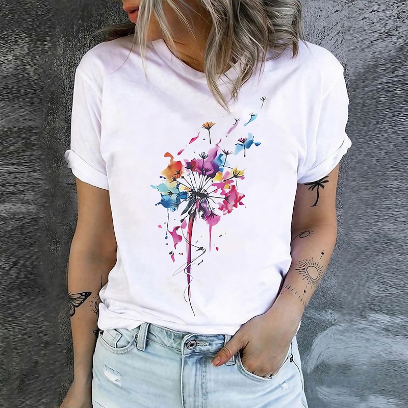 Women's T Shirt Dandelion Basic Short Sleeve Round Neck Regular Tops Holiday Weekend Print White Khaki Gray