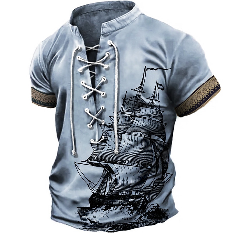 Men's T Shirt Graphic Ship Stand Collar Clothing Apparel 3D Print Daily Sports Going out Short Sleeve Lace up Print Polyester Vintage Fashion Designer - Main Image
