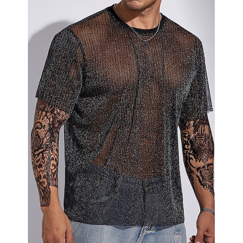 Men's T Shirt Men Solid Glitter Tee Tee Top Short Sleeve Crew Neck Summer Plain Designer Basic Modern Contemporary Basic Vacation Street Going out Black Top Tee for Men2