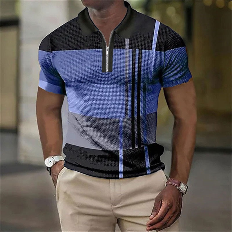 Men's Color Block Striped Graphic Prints Geometry Polo Shirts Zip Polo Golf Shirt Short Sleeve Shirt Turndown Outdoor Street Lake blue Yellow Blue Green Gray Zipper Print Clothing Apparel Fashion2