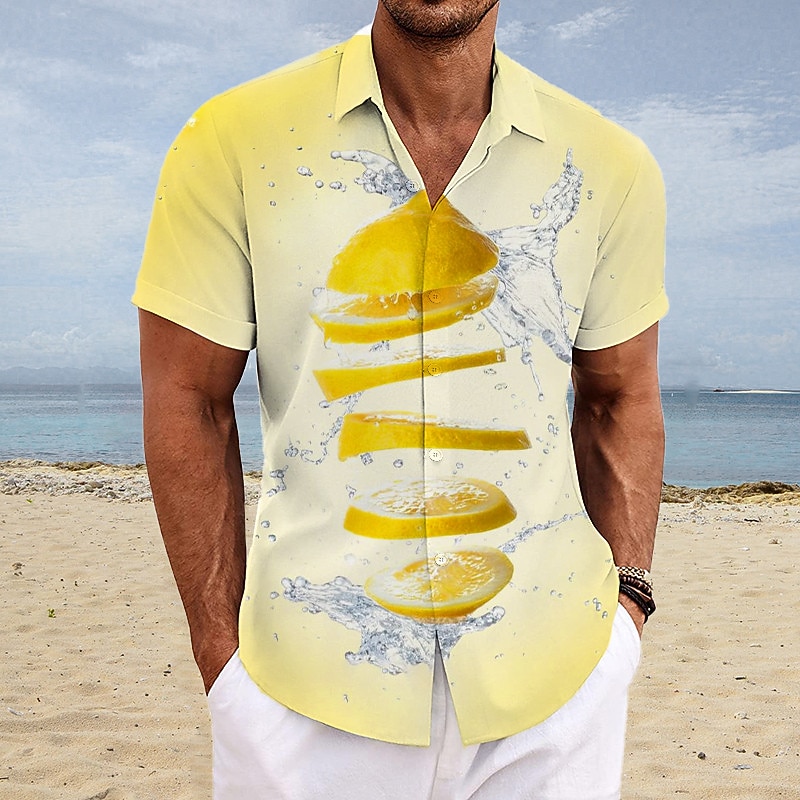 Men's Floral Lemon Fish Shirt Summer Hawaiian Shirt Aloha Shirt Short Sleeves Shirt Turndown Fashion Streetwear Designer Outdoor Street Casual Yellow Pink Blue S M L2