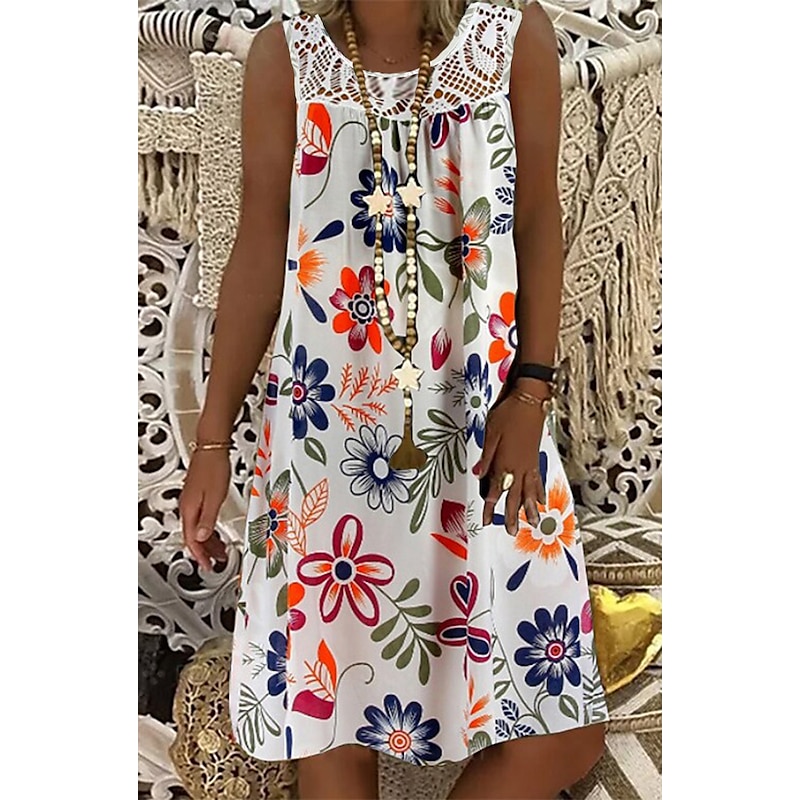 Women's Shift Dress Knee Length Dress White Black Army Green Fuchsia Navy Blue Sleeveless Floral Print Spring Summer Round Neck Hot Casual Boho Loose 2023 M L XL XXL 3XL 4XL 5XL2