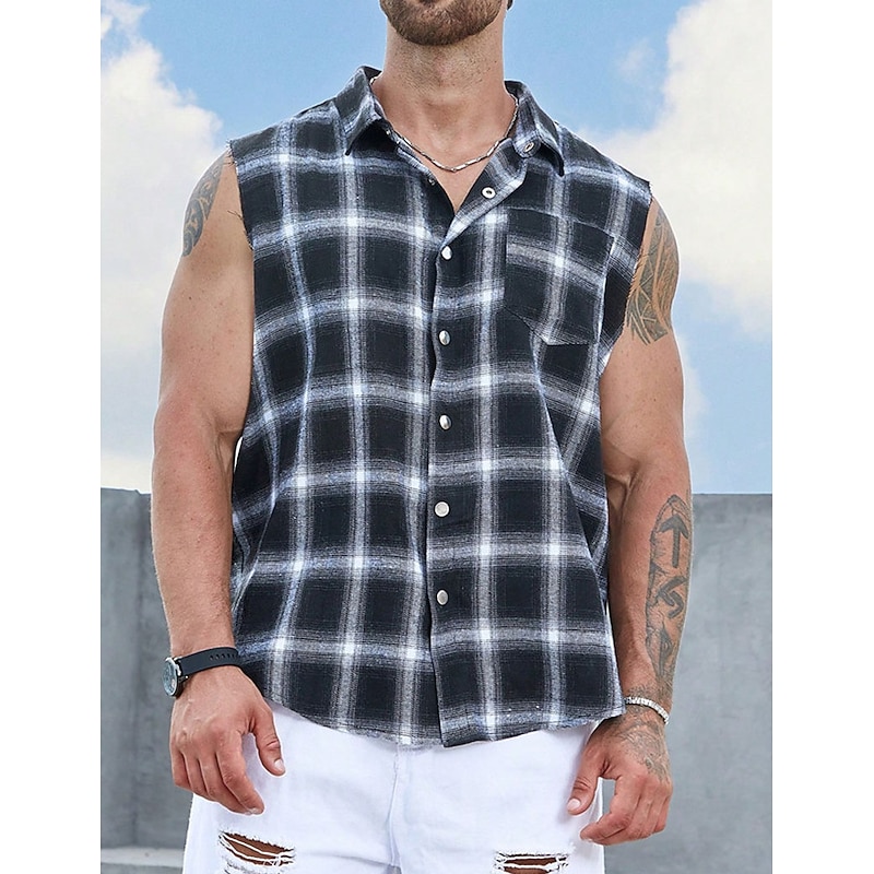 Men's Shirt Summer Shirt Casual Shirt Beach Shirt Button Up Shirt Checked Shirts Black Sleeveless Plaid / Check Lapel Vacation Daily Front Pocket Clothing Apparel Cotton Cotton Blend Fashion Casual2