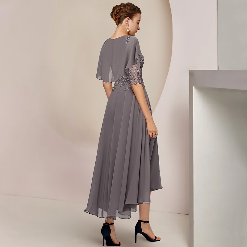 A-Line Mother of the Bride Dress Formal Wedding Guest Elegant Scoop Neck Asymmetrical Tea Length Chiffon Lace Half Sleeve with Beading Appliques2