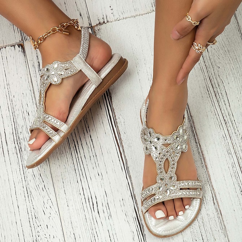 Women's Rhinestone Embellished Silver Sandals – Elegant Summer Flats for Beach, Weddings, and Casual Wear2