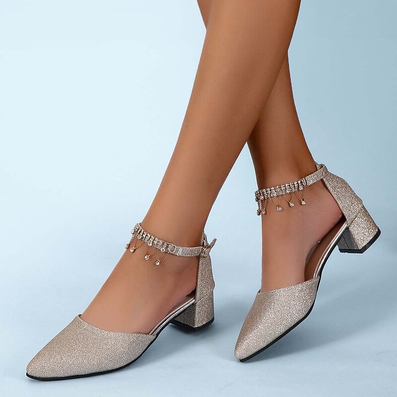 Women's Wedding Shoes Pumps Bridal Bridesmaid Shoes Elegant Daily Sexy Club Bling Sparkling Shoes Gold Sliver Rhinestone Sequin Chunky Heel Pointed Toe Shoes Spring Summer Party