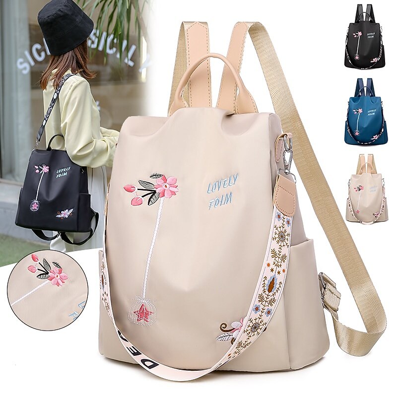 Women's Black Waterproof Nylon Backpack with Floral Embroidery and Shoulder Strap – Casual Lightweight Anti-Theft Bag for Travel, School, or Daily Use2