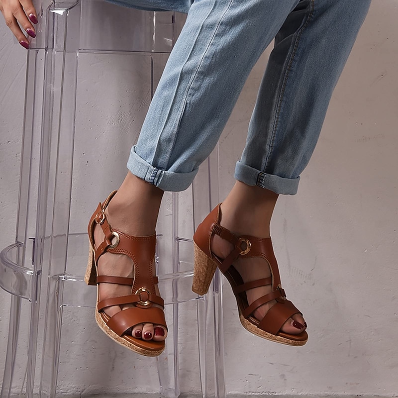 Women's Brown Strappy High Heel Sandals with Gold Ring Accents – Stylish and Comfortable for Summer Parties and Casual Outfits4
