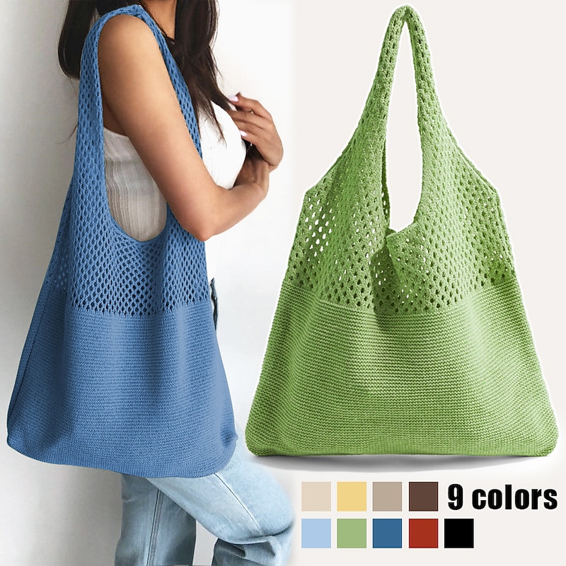 Women's Beige Knitted Tote Bag – Lightweight Mesh Shoulder Bag for Summer Beach, Groceries, and Casual Daily Use - Main Image