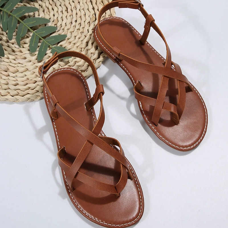 Women's Brown Strappy Flat Sandals with Cross-Band Design – Comfortable and Stylish Summer Shoes for Casual Outings and Beachwear3