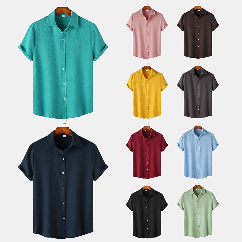 Men's Casual Shirt Black Yellow Pink Wine Blue Short Sleeve Plain Lapel Vacation Street Basic Clothing Apparel Polyester Fashion Leisure