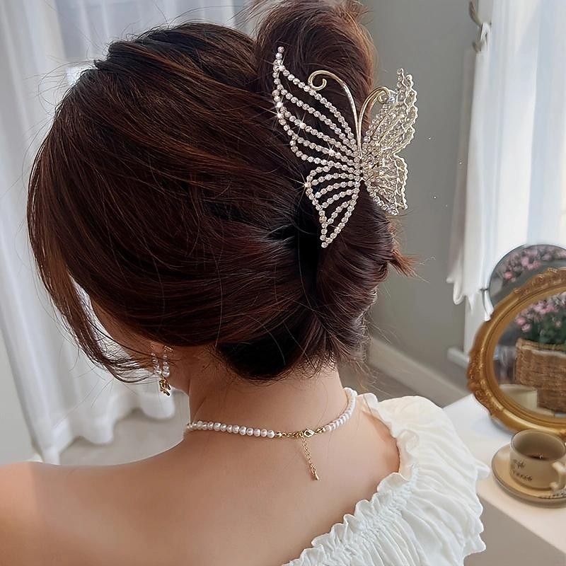 Butterfly Crystal Hair Claw Clips Pearl Rhinestone Golden Metal Hair Clips Large Gem Hair Jaw Clips Strong Hold Non-Slip Hair Catch Barrettes Clamps For Thick And Thin Hair Accessories For Women Girls2