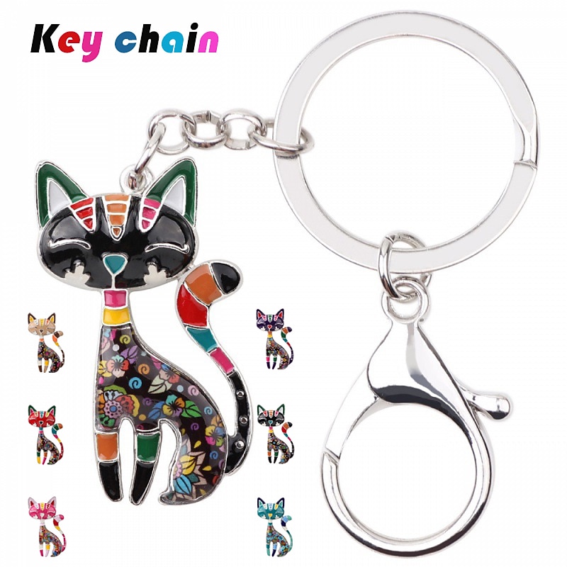 Enamel Alloy Floral Elegant Kitten Cat Keychains Key Ring Animal Pets Jewelry Gift for Women Girls Purse Handbag Charms Accessories