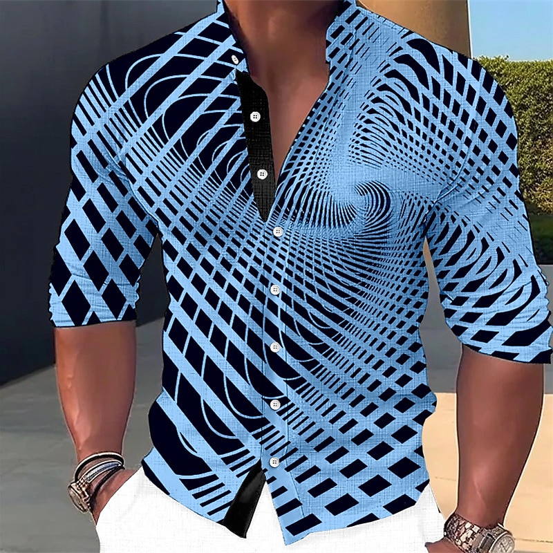 Men's Optical Illusion Geometric Pattern Shirt Button Up Shirt Long Sleeve Fashion Streetwear Designer Outdoor Casual Daily Summer Spring Fall Stand Collar Print White Yellow Pink Blue Green4