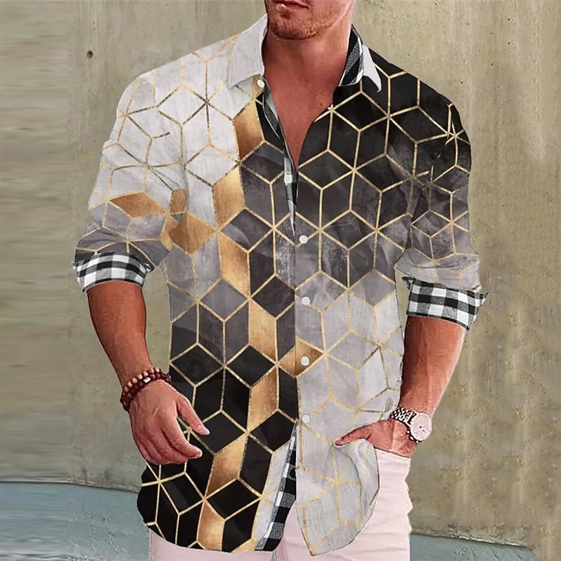 Men's Gradient Geometric Pattern Marble Shirt Button Up Shirt Long Sleeve Fashion Streetwear Designer Outdoor Casual Daily Summer Spring Fall Stand Collar Print Black Yellow Green Khaki Gray3