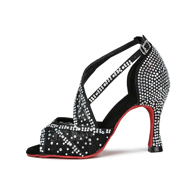 Women's Black Rhinestone Latin Dance Shoes – Peep-Toe High Heel Ballroom Salsa Sandals for Performance & Competition2
