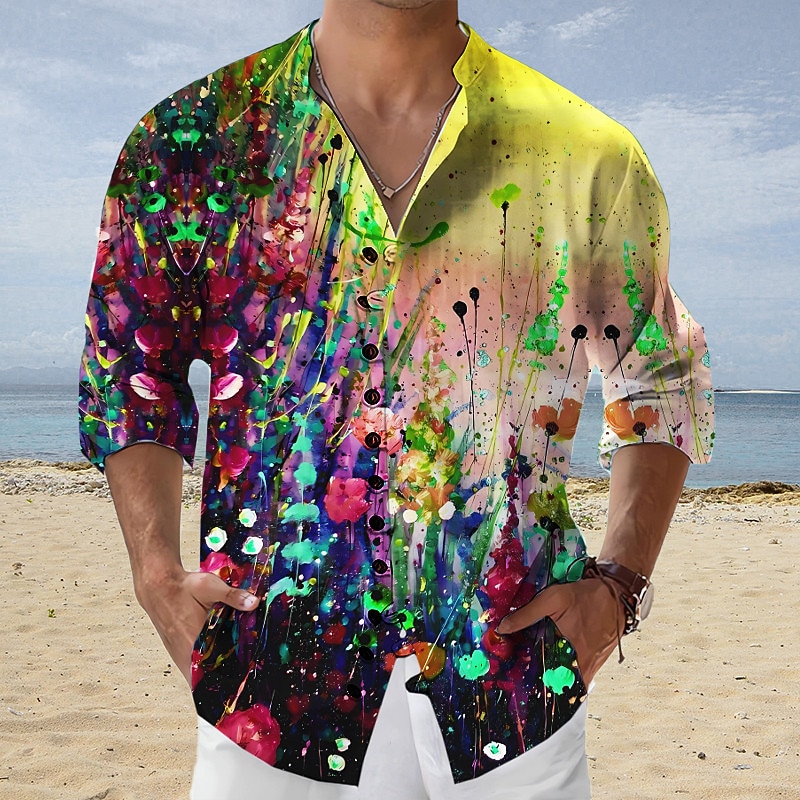 Men's Floral Tropical Flowers Shirt Summer Hawaiian Shirt Aloha Shirt Long Sleeve Shirt Stand Collar Fashion Streetwear Designer Outdoor Street Casual Yellow Red Blue S M L4