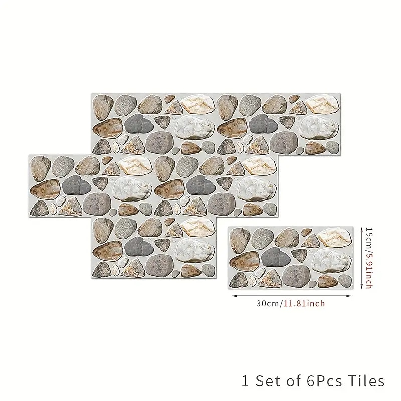 Cool Wallpapers 6pcs Cobblestone Wooden Pattern Wall Panels Wall Mural, Stone Peel Stick Wall Tile Sticker, Kitchen Self-adhesive Wall Decor Waterproof, Room Decor, Home Decor 15x30cm(5.9"x11.8")2