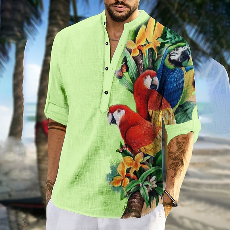 Men's Graphic Prints Parrot Shirt Aloha Shirt Long Sleeve Shirt Stand Collar Outdoor Street White Pink Blue Green Print Clothing Apparel Fashion Streetwear Designer Casual4