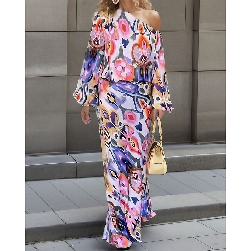 Women's Dress Set Casual Dress Sheath Dress Print Dress Fashion Streetwear Graphic Abstract Print Maxi Dress Long Sleeve One Shoulder Outdoor Vacation Red Royal Blue Sky Blue Summer Spring Loose Fit