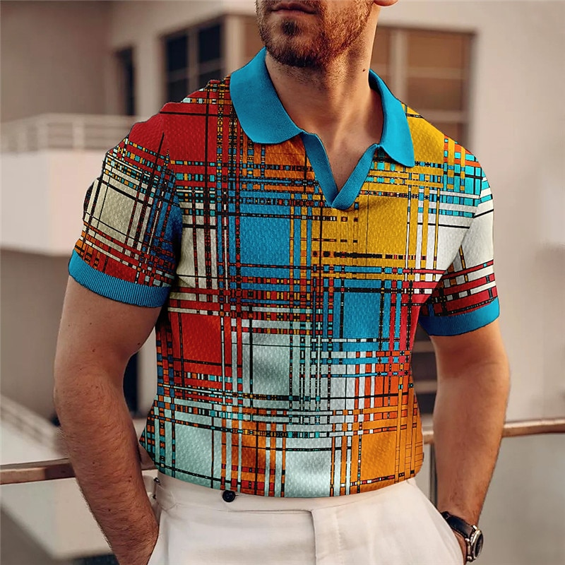 Men's Plaid Polo Shirts Golf Shirt Short Sleeve Polo Shirts V Neck Vintage Casual Vacation Wear Formal Wear Festival Wear 3D Print Yellow Red Royal Blue