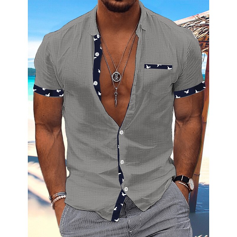 Men's Shirt Linen Shirt Summer Shirt Beach Wear Casual Shirt Button Up Shirt Color Block Vacation Curise White Blue Green Khaki Short Sleeve Turndown Summer Clothing Apparel Patchwork3