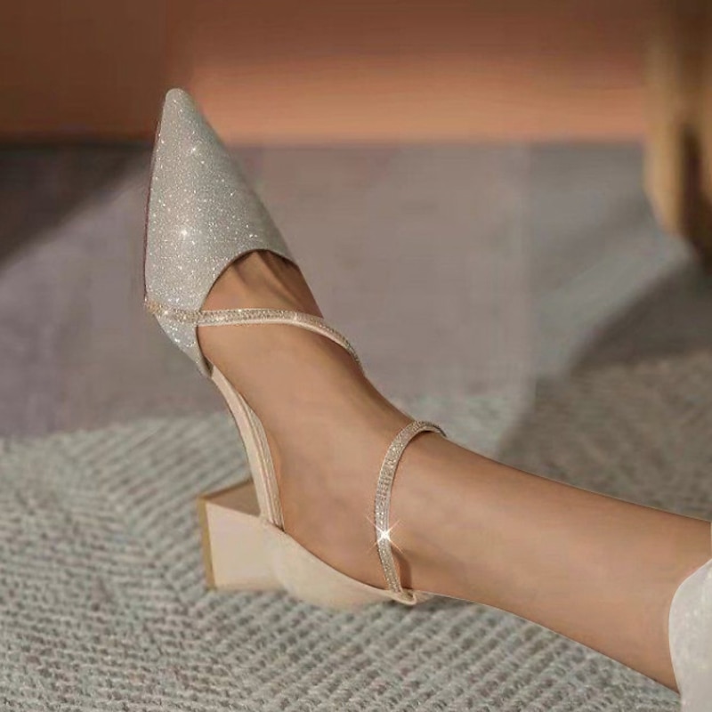 Women's Glitter Mesh Pointed Toe Block Heels with Ankle Strap – Elegant Bridal or Party Shoes4
