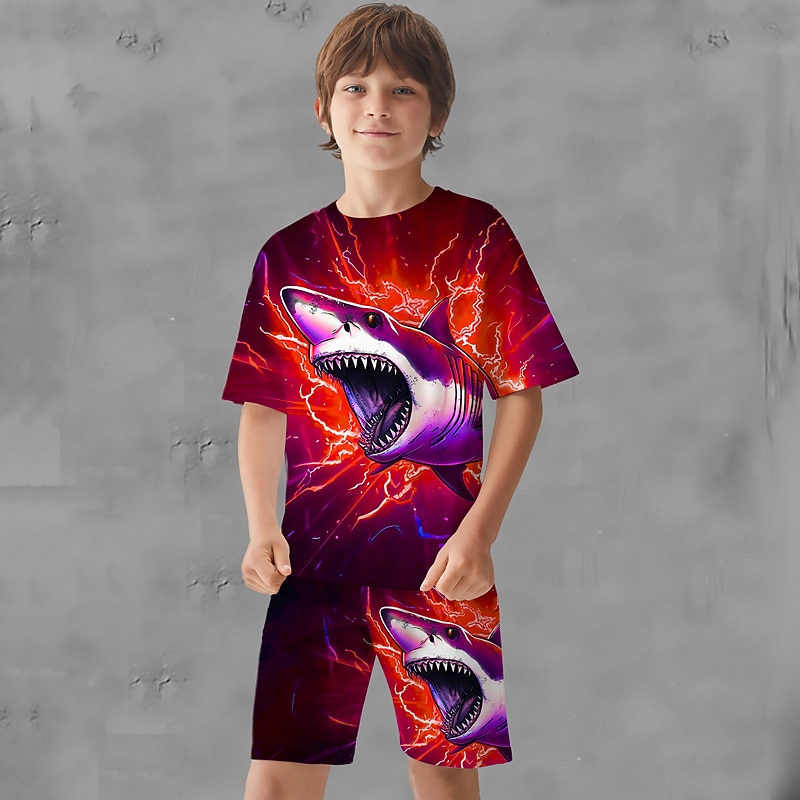 Boys 3D Graphic Animal Shark T-shirt & Shorts T-shirt Set Clothing Set Short Sleeve 3D prints Summer Spring Active Sports Fashion Polyester Kids 3-13 Years Outdoor Street Vacation Regular Fit2
