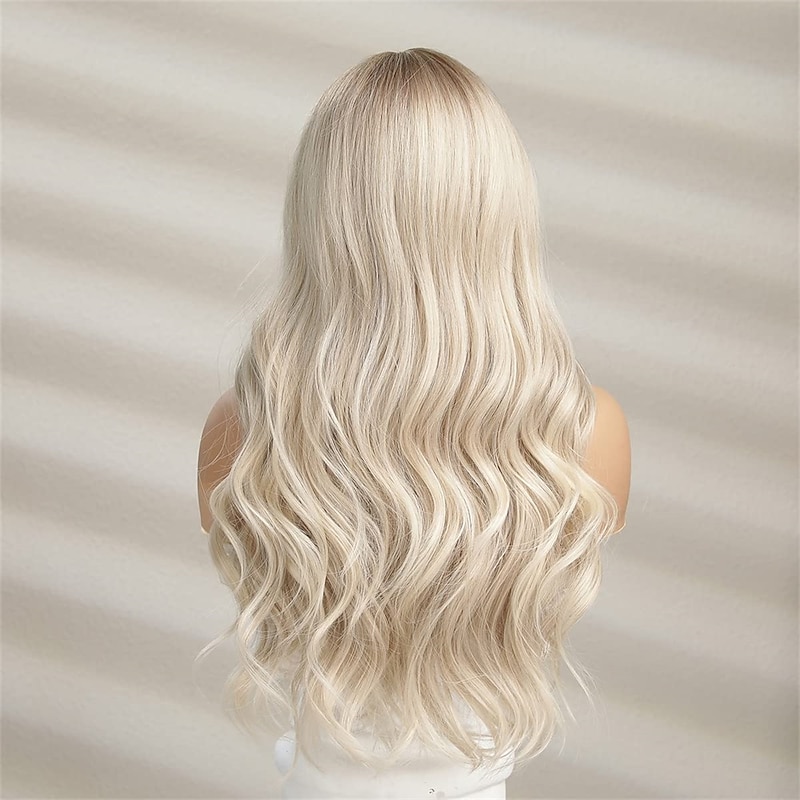 Barbiecore Movie Wigs Long Blonde Wigs with Bangs for WomenSynthetic Wavy Hair Wig with Dark Roots3