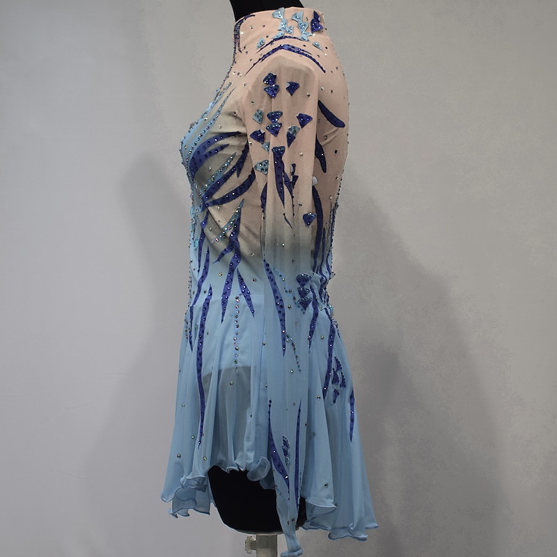 Figure Skating Dress Women's Girls' Ice Skating Dress Outfits Sky Blue Mesh Spandex High Elasticity Competition Skating Wear Handmade Crystal / Rhinestone Long Sleeve Ice Skating Figure Skating2