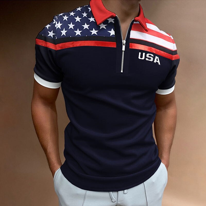 Men's Golf Shirt American Flag Polo Shirt Street Casual Turndown Quarter Zip Short Sleeve Fashion Casual Flag Zipper Quarter Zip Spring & Summer Regular Fit Navy Blue Dark Green Gray Golf Shirt - Main Image