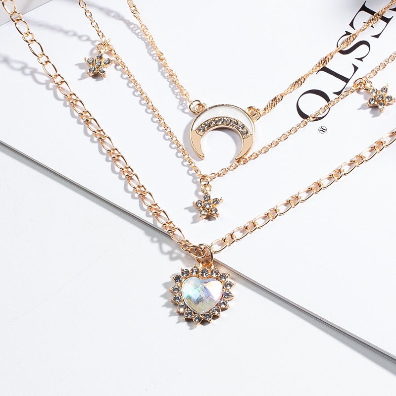 1PC Chain Necklace Layered Necklace For Women's Clear Wedding Party Evening Gift Alloy Moon Heart Star4