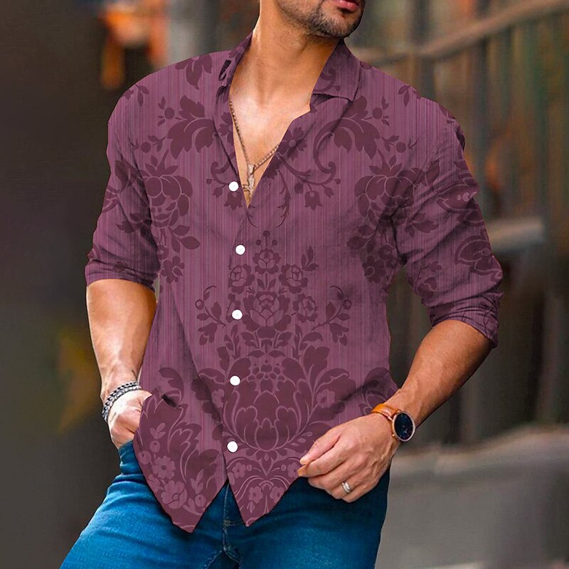 Men's Floral Ethnic Shirt Button Up Shirt Long Sleeve Fashion Streetwear Designer Outdoor Casual Daily Summer Spring Fall Turndown Print Purple Green2