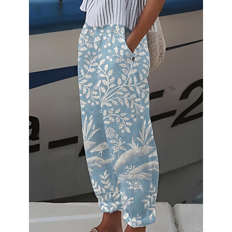 Women's Cotton Linen Pants Baggy Pants Linen Like Casual Comfort Full Length Mid Waist Plants Print Comfy Breathable Micro-elastic Light Yellow Light Pink Buff Transparent Blue Summer Spring Fall