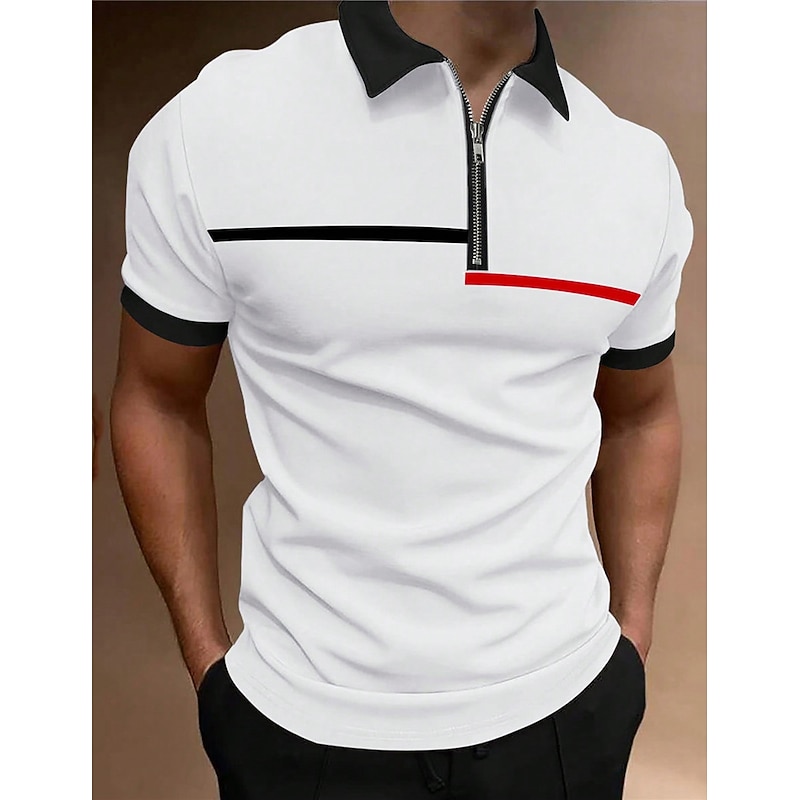 Men's Zip Polo Polo Shirt Outdoor Casual Lapel Quarter Zip Short Sleeve Fashion Basic Color Block Quarter Zip Summer Regular Fit Black White Navy Blue Brown Zip Polo
