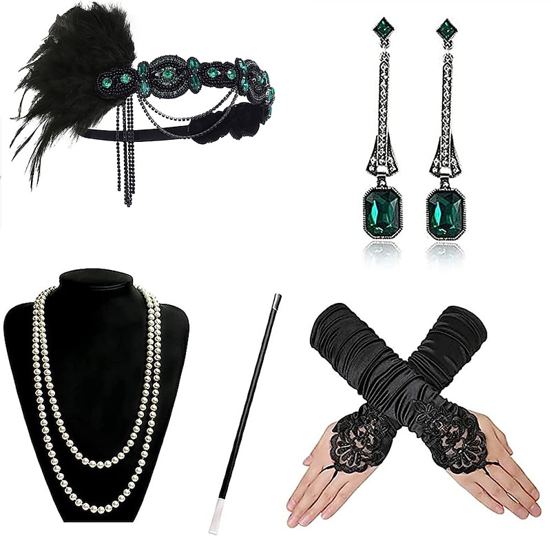 1920s Gatsby Accessories Set for Women Flapper Costume 20s Flapper Headband Pearl Necklace Gloves Plastic Holder