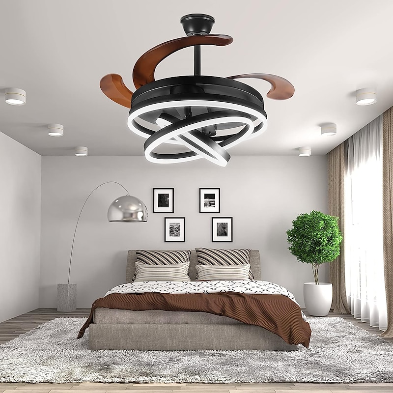 42'' Retractable Ceiling Fans with Lights and Remote,Modern LED Semi Flush Fan Light,Retractable Geometric Ceiling Fan 3 Color 6 Speed Smart Pendant Light for Indoor Bedroom,Dining Room etc2