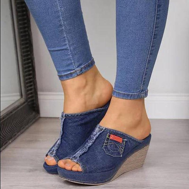 Women's Denim Wedge Sandals – Open-Toe Design with Frayed Hem and Pocket Detail, Casual Slip-On Mules for Everyday Wear2