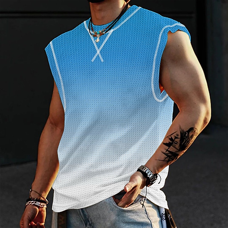 Men's Waffle Shirt Waffle Tank Top Tank Top Vest Top Sleeveless Crew Neck Summer Gradient Fashion Designer Muscle Outdoor Going out Gym Pink Blue Orange Top Tee for Men2