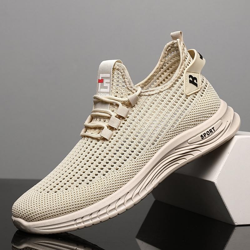 Beige Men's Woven Sneakers with Lace-Up Closure for Breathable and Comfortable Athletic Wear
