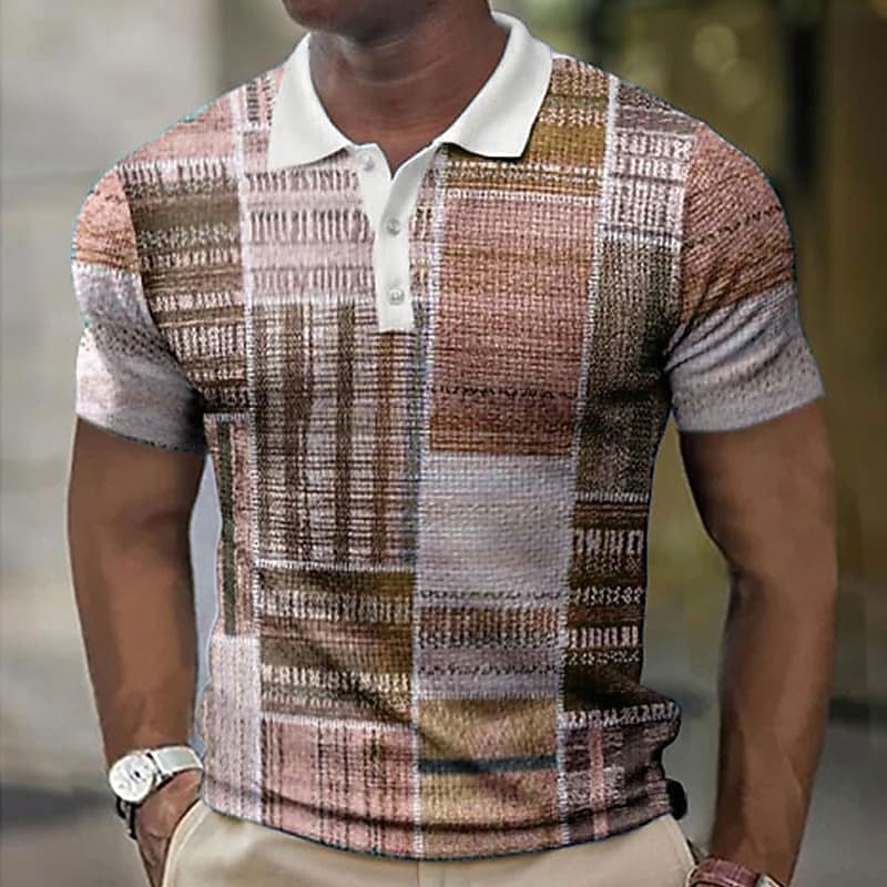 Men's Plaid Waffle Polo Shirts Golf Shirt Short Sleeve Polo Shirts Collared Shirts Vintage Casual Vacation Wear Formal Wear Festival Wear Buttons 3D Print Yellow Blue Brown4