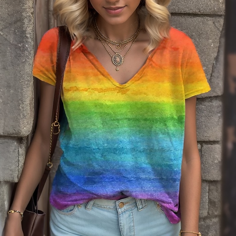 Women's T shirt Tee Rainbow Rainbow Short Sleeve Home Daily Basic V Neck Regular LGBT Pride S
