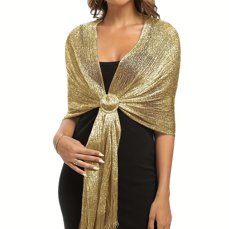 Glamorous Metallic Shawls with Tassel Wedding Guest Wraps and Round Buckle - Perfect for Evening Parties & Weddings dress to impress2
