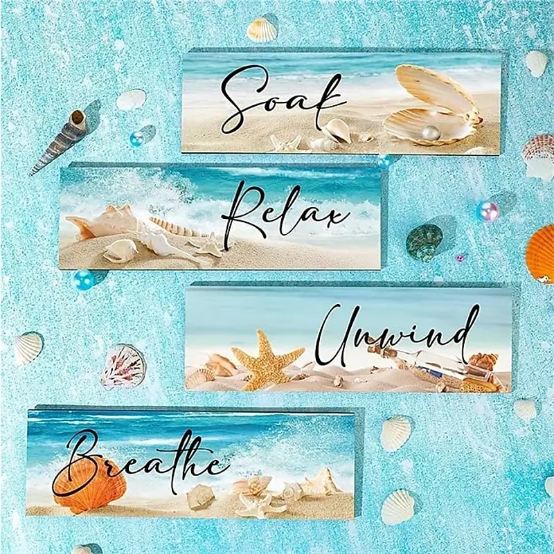 1pc Ocean Beach Bathroom Wall Decor Wooden Relax Soak Relax Breathe Wall Art Bathroom Sign Hanging Seashell Starfish Wooden Sign Room Decor Scene Decor Bedroom Decor Entrance Decor Wall Beauti3