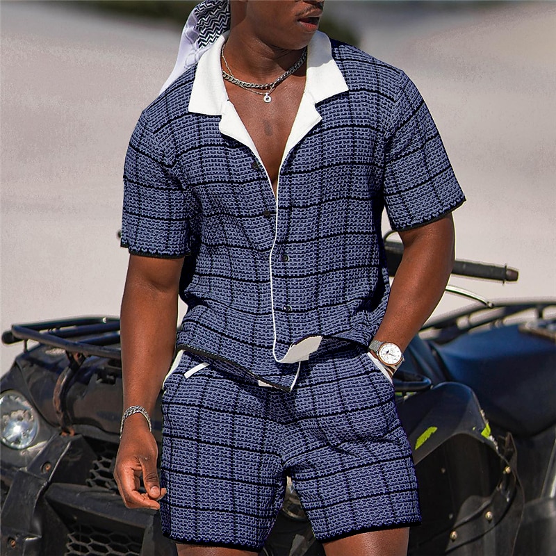 Men's Plaid Geometric Pattern 2pcs Shirts Sets Summer Hawaiian Shirt Short Sleeve Short Pants Cuban Collar Fashion Streetwear Designer Outdoor Daily Going out Print Summer Spring Navy Blue Blue Sky3