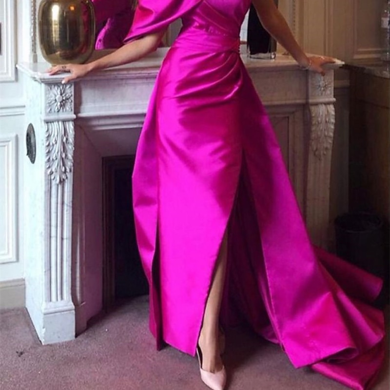 Mermaid Evening Gown Sexy Dress Summer Court Train Sleeveless One Shoulder Fall Wedding Reception Satin with Ruched Slit3