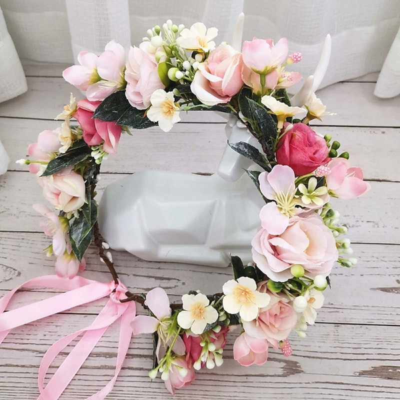 Flower Crown Floral Wreath Headband Floral Crown Wedding Festivals Photo Props Headpiece (pink)3