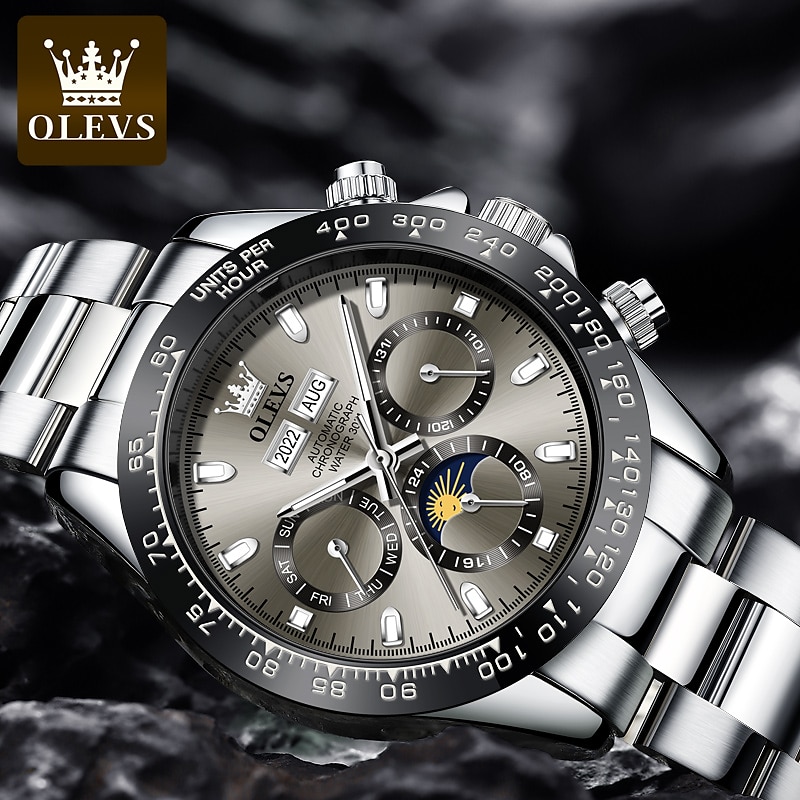 OLEVS Mens Automatic Watches Silver Bezel Stainless Steel Luxury Dress Mechanical Moon Phase Waterproof Wrist Watches for Mens Multi Date3
