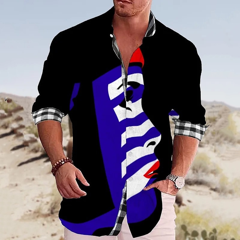 Men's Geometry Parrot Shirt Summer Hawaiian Shirt Aloha Shirt Long Sleeve Shirt Stand Collar Fashion Streetwear Designer Outdoor Street Casual Blue-Green Black Yellow S M L3